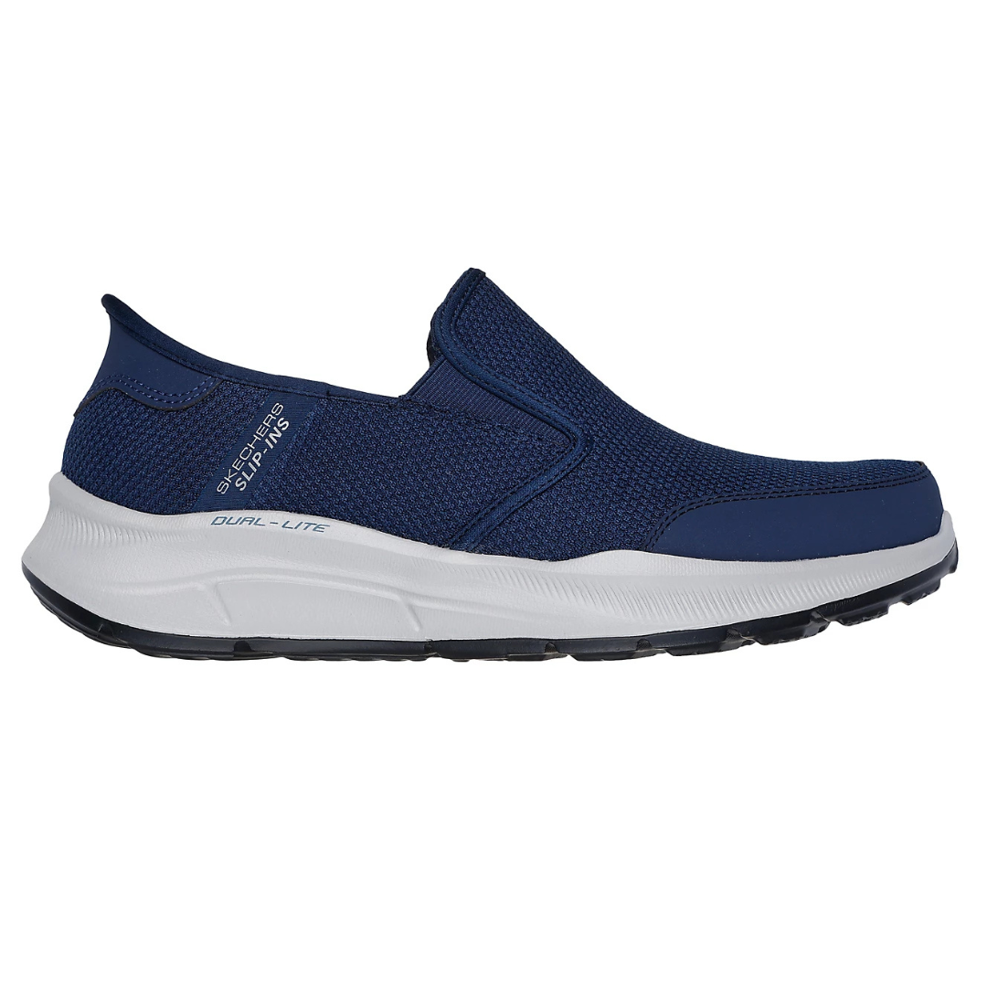 Blue Skechers slip-on shoe with a mesh upper and white DUO-LITE sole.