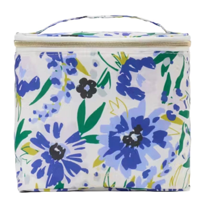 Floral-patterned insulated lunch bag with a handle and zipper closure.