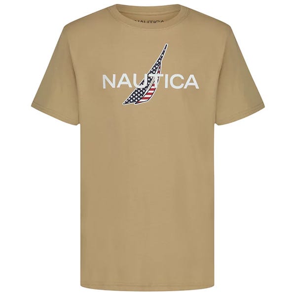A khaki t-shirt featuring the word \“NAUTICA\“ and a stylized American flag design.