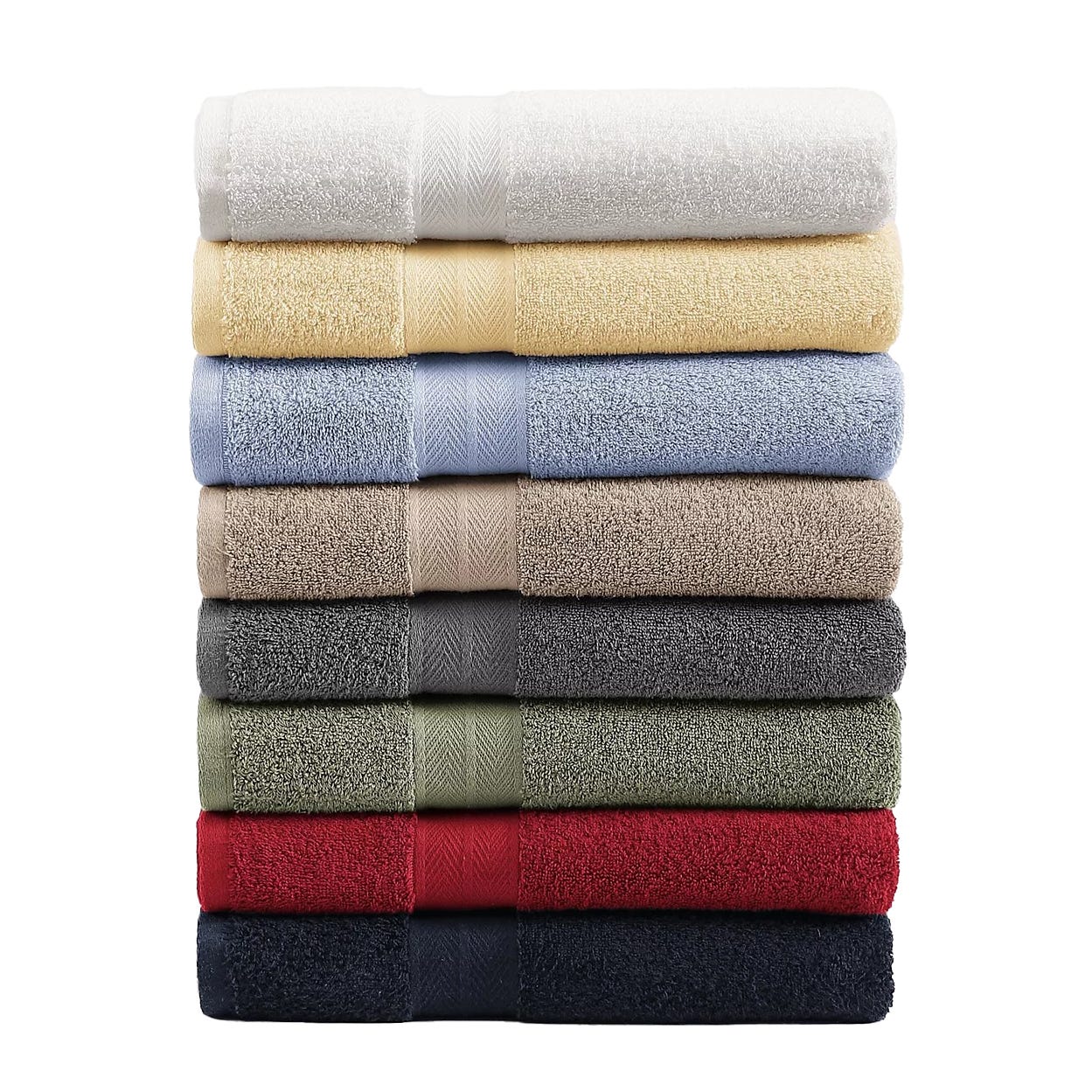 A stack of nine neatly folded bath towels in various colors, including white, yellow, blue, beige, gray, green, red, and navy.