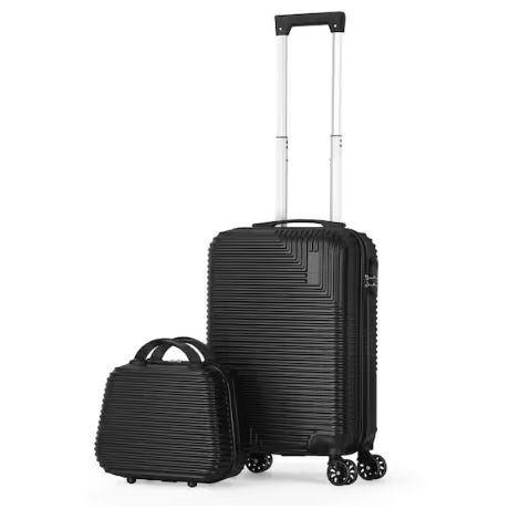The Hikolayae 2-Piece Luggage Set features a black hard-shell suitcase with a telescopic handle and multi-directional wheels, paired with a matching carry-on bag with dual handles.