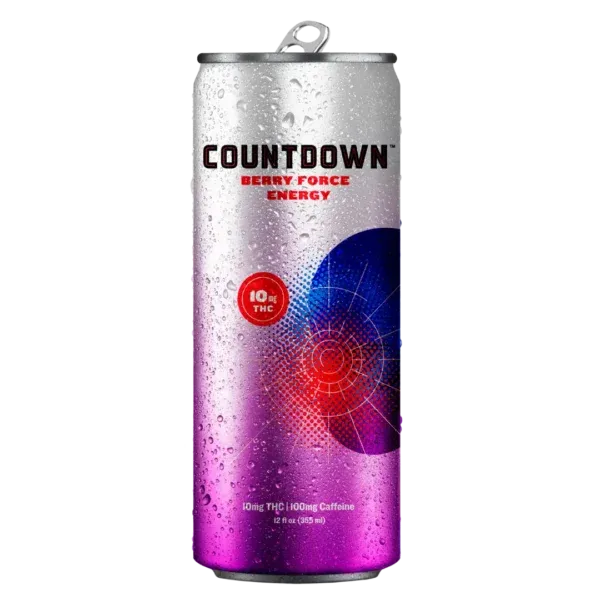 Countdown Berry Force Energy is a beverage can with a gradient design transitioning from silver to purple, displaying a radar graphic, and indicating it contains 10mg of THC and 100mg of caffeine.