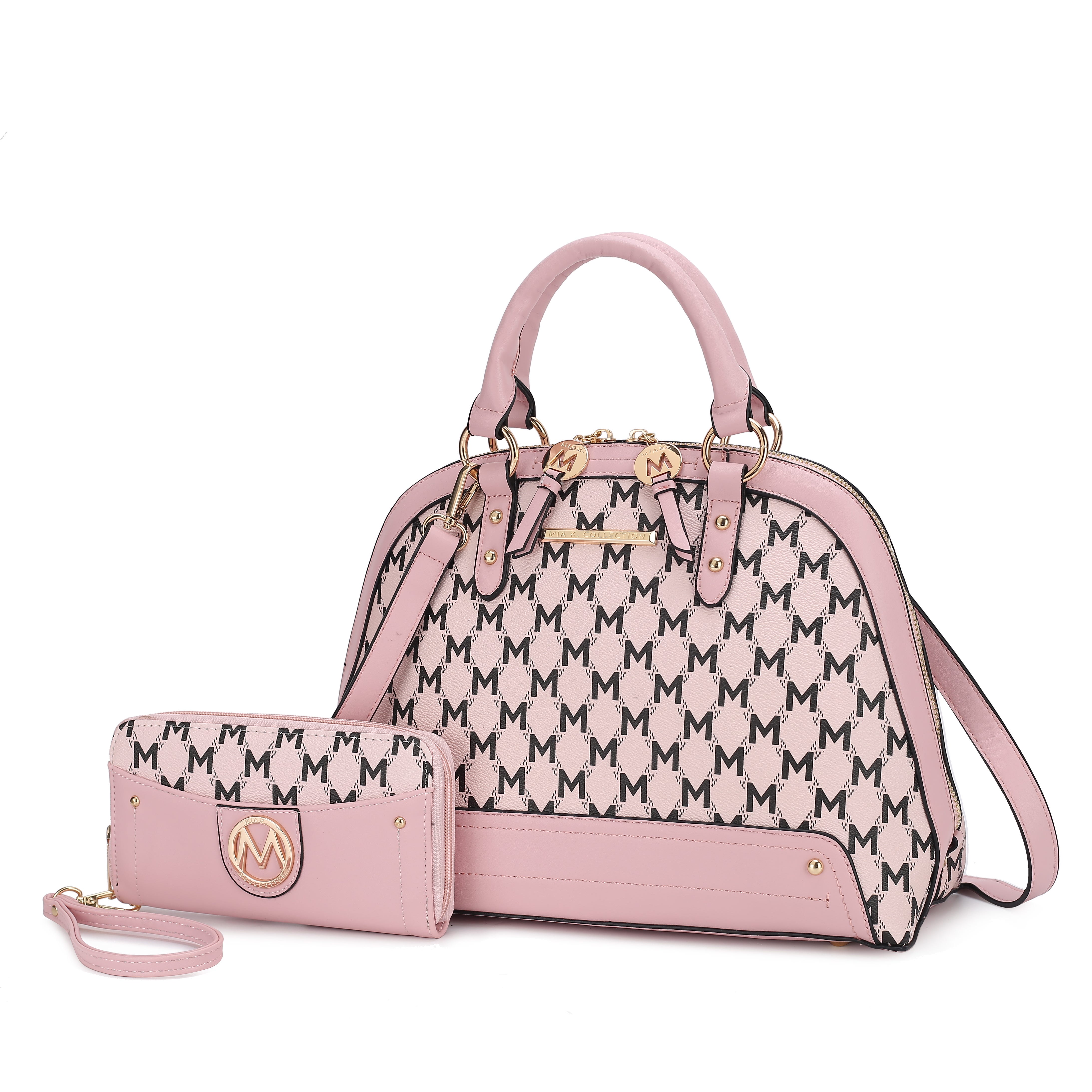 Pink handbag and matching wallet with black \“M\“ pattern and gold accents.