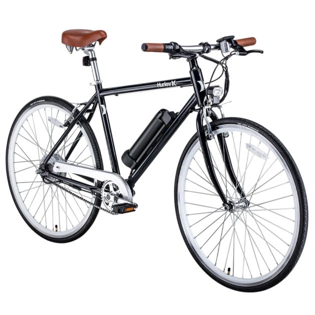 A black Hurley electric bicycle with brown seat and handle grips, featuring thin tires and a slender frame, designed for urban commuting.