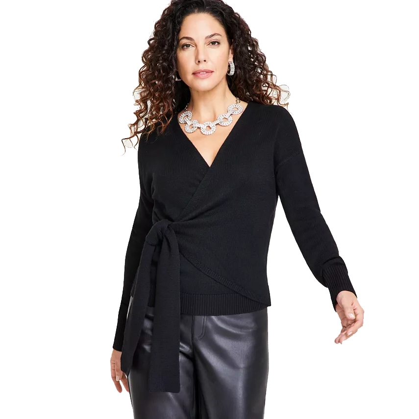 SANCTUARY Womens Long Sleeve Surplice Neckline Faux Wrap Sweater