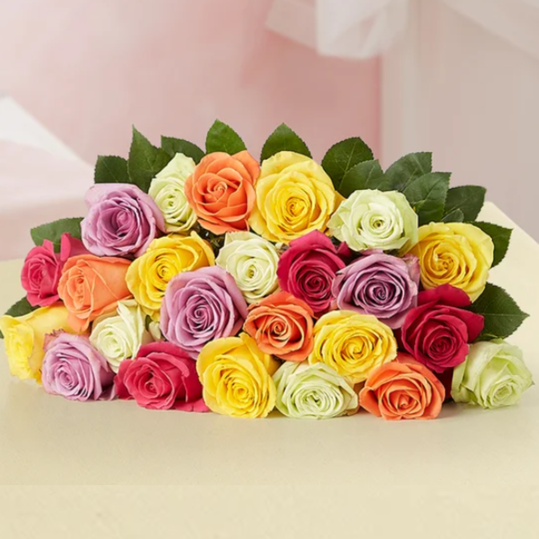 Assorted colorful roses arranged in a bouquet with shades of purple, pink, orange, yellow, and white.