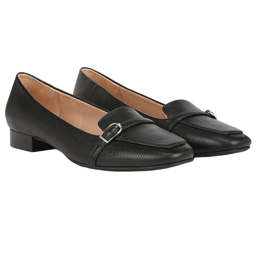 Black leather loafers with a low heel and decorative buckles, featuring a square toe and cushioned interior for comfort.