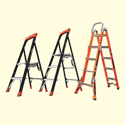 Three folding ladders in different positions, two A-frame and one extended.