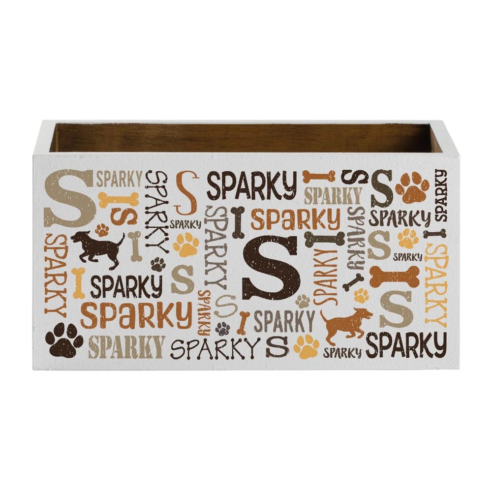 Rectangular white box decorated with \“SPARKY,\“ dog silhouettes, paw prints, and bones in brown and orange tones.