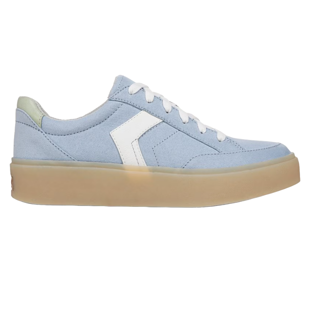 Light blue suede lace-up sneakers with a white accent stripe and a beige rubber sole.