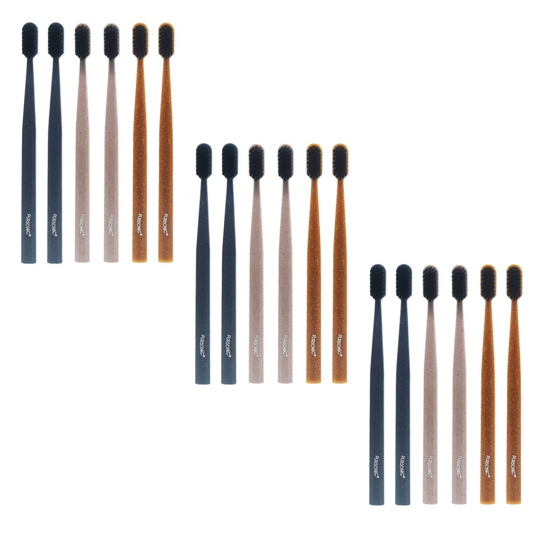 An 18-pack of Pursonic toothbrushes featuring bristles in black, tan, and brown on matching slender handles.