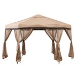 Hexagonal steel gazebo with beige canopy, mesh sidewalls, and tied-back curtains at each post.