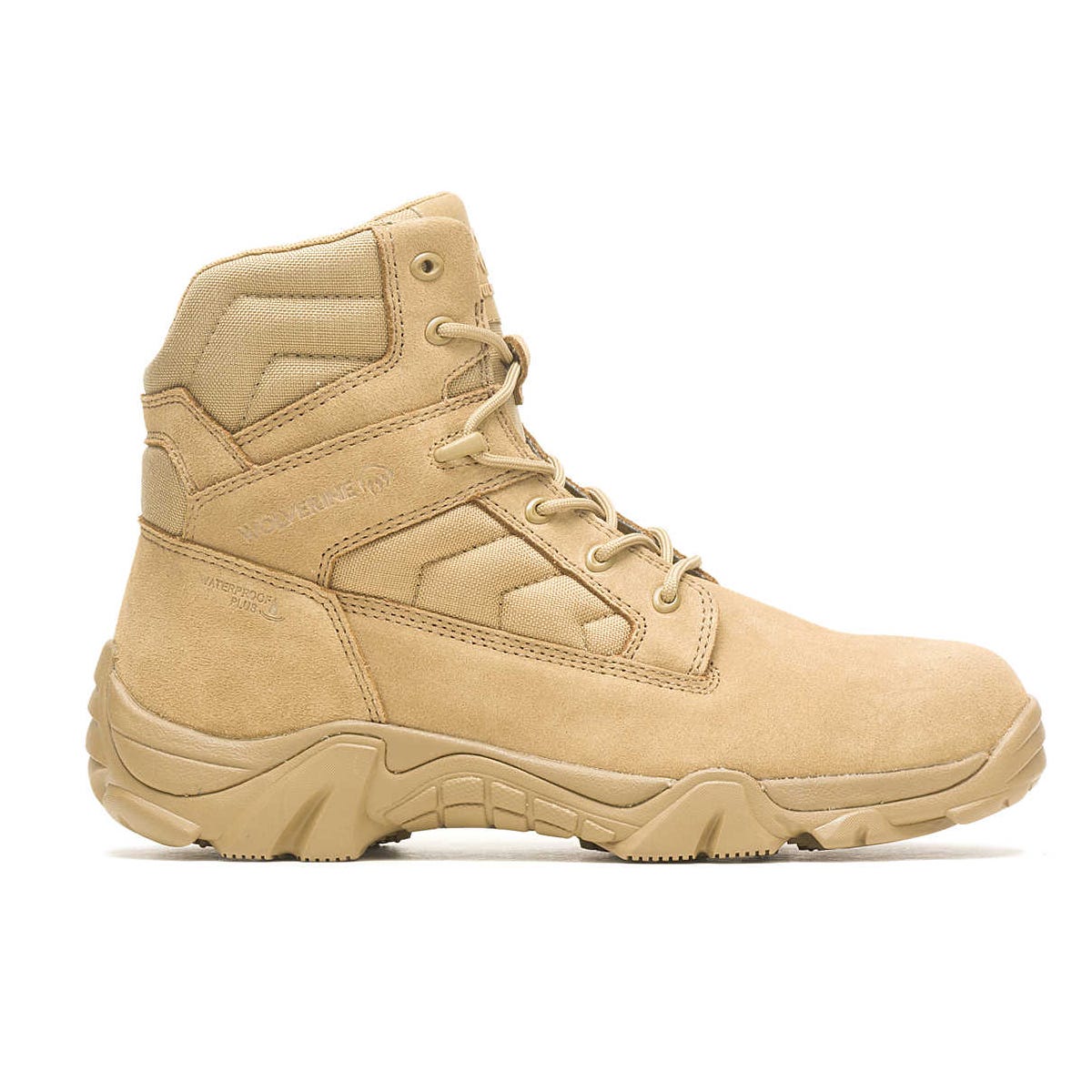 Tan tactical boots with a high-top design, lace-up front, and rugged outsole, featuring the Wolverine brand name embossed on the side.