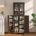 A freestanding kitchen pantry cabinet filled with various food items like jars of pasta, spices, bottles, and boxes of packaged goods.