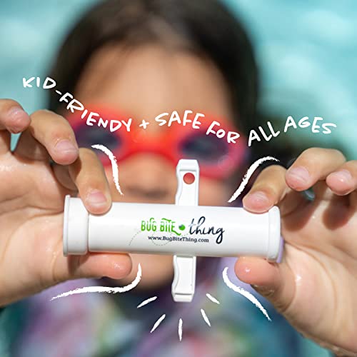 A person holds out the Bug Bite Thing Suction Tool, a device intended to alleviate bug bite irritation, labeled as kid-friendly and safe for all ages.