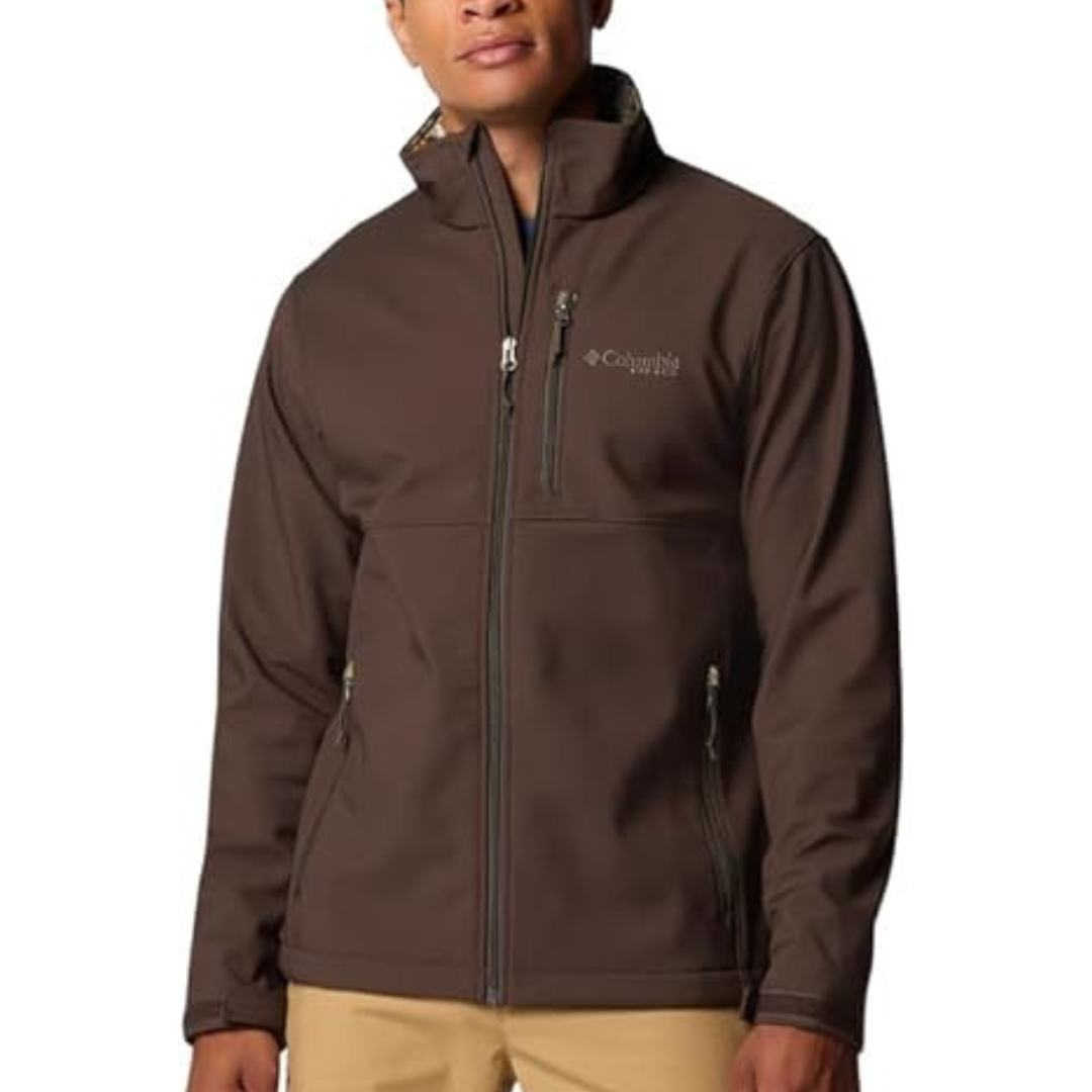 Columbia Ascender II Softshell Jacket in brown, features a full front zipper, chest and side zip pockets, and a high collar. Suitable for outdoor activities, providing protection from wind and light rain.