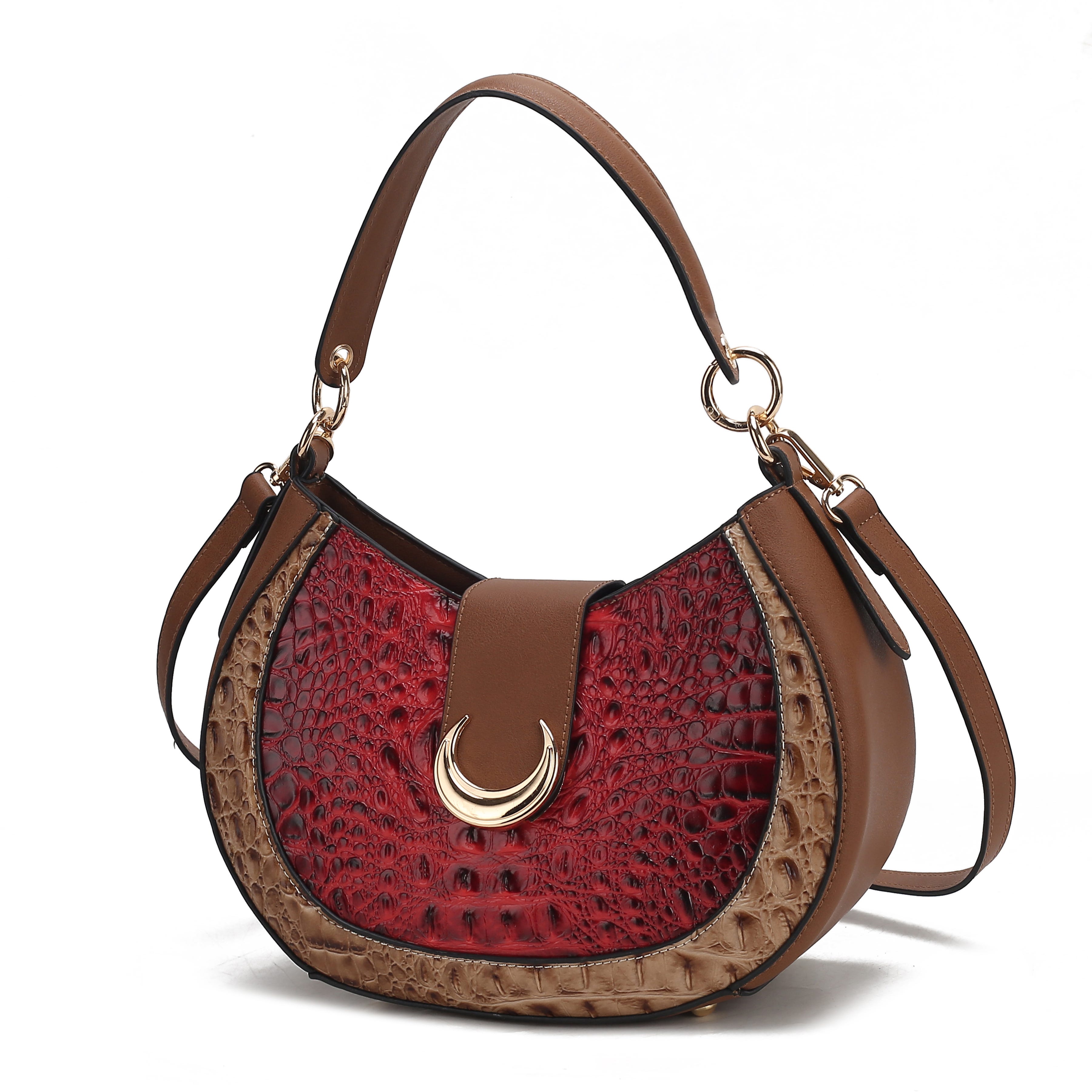 A stylish shoulder bag featuring a red crocodile texture with brown accents, a gold crescent clasp, and dual leather straps.