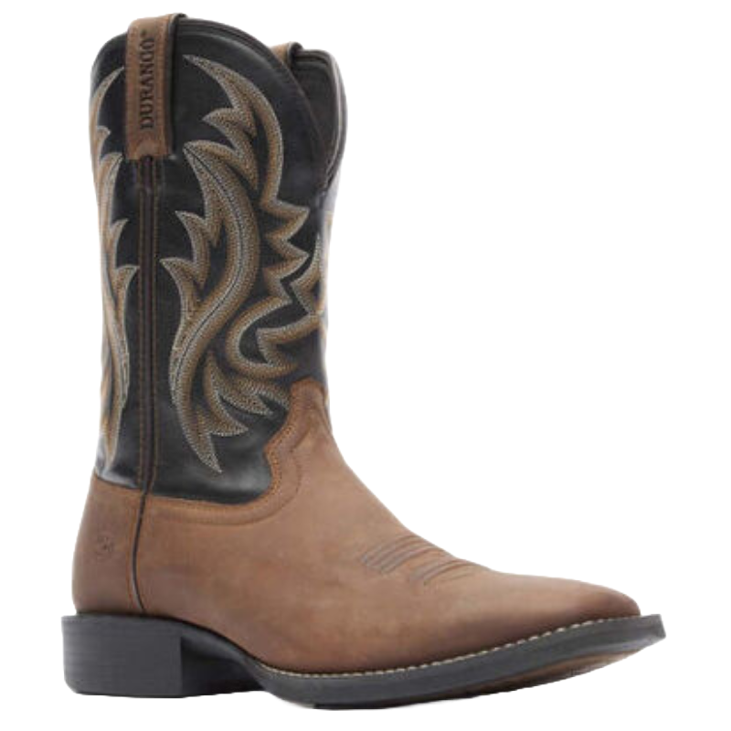 Durango Shyloh Western Boots feature a two-tone design with a tan foot and black shaft, intricate stitching, pull tabs, and a low heel. Made for durability and style in a classic cowboy boot silhouette.