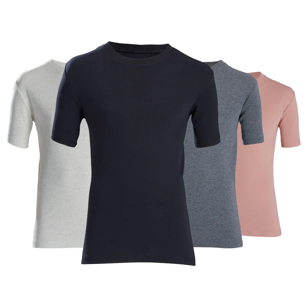 4-pack of short-sleeve tees in black, gray, light gray, and pink. Each has a crew neck and a simple design.