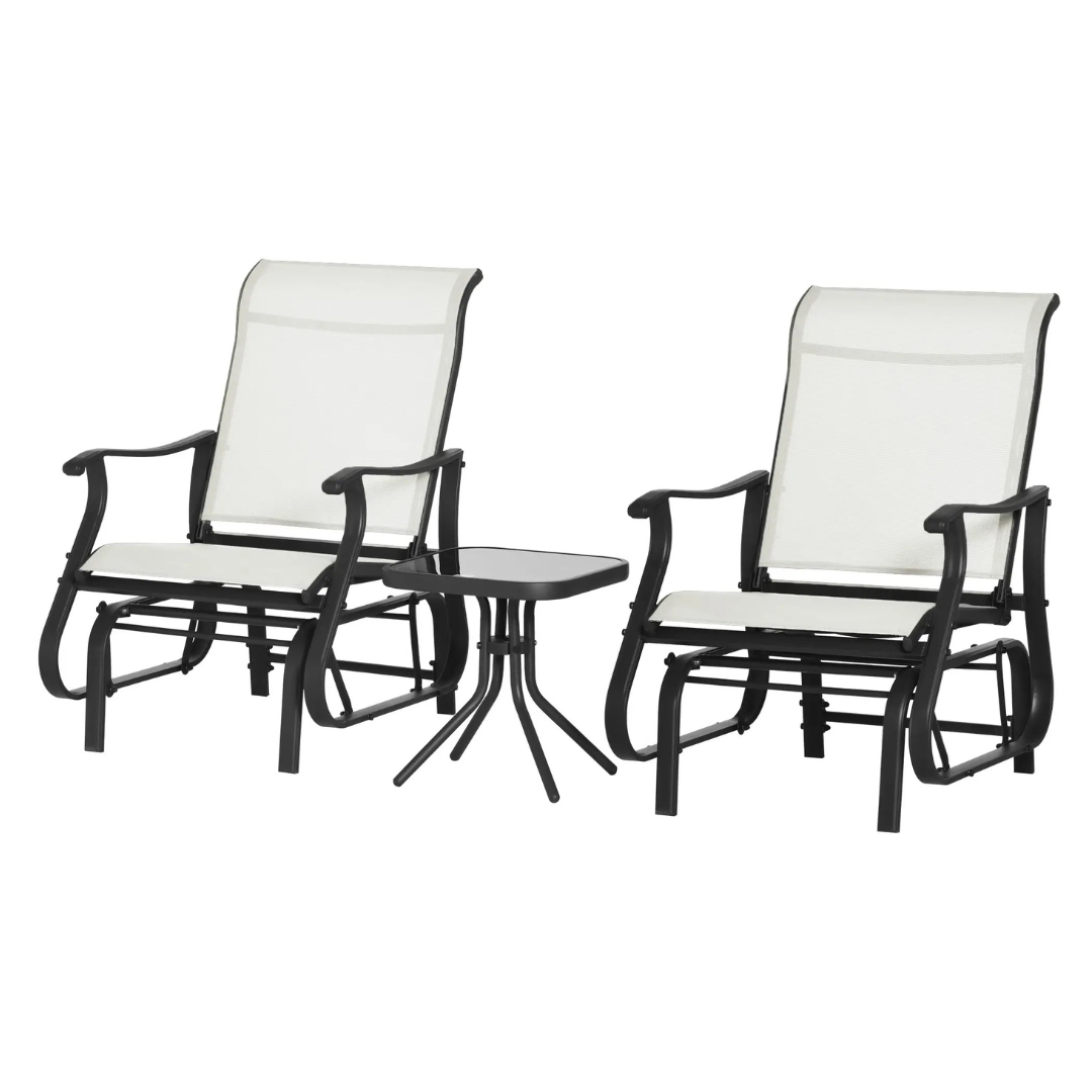 The 3pc Outdoor Gliders Set includes two white mesh glider chairs with black metal frames and a small black metal side table. The chairs feature curved armrests and a smooth gliding mechanism.