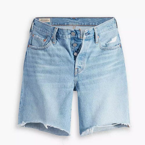 Light blue denim shorts with distressing and frayed hems.