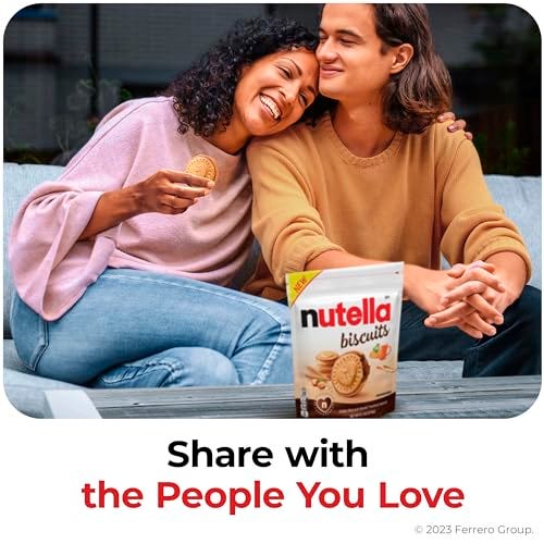 A 20-count bag of Nutella Biscuits with a slogan encouraging sharing with loved ones, shown alongside a smiling couple enjoying the biscuits.