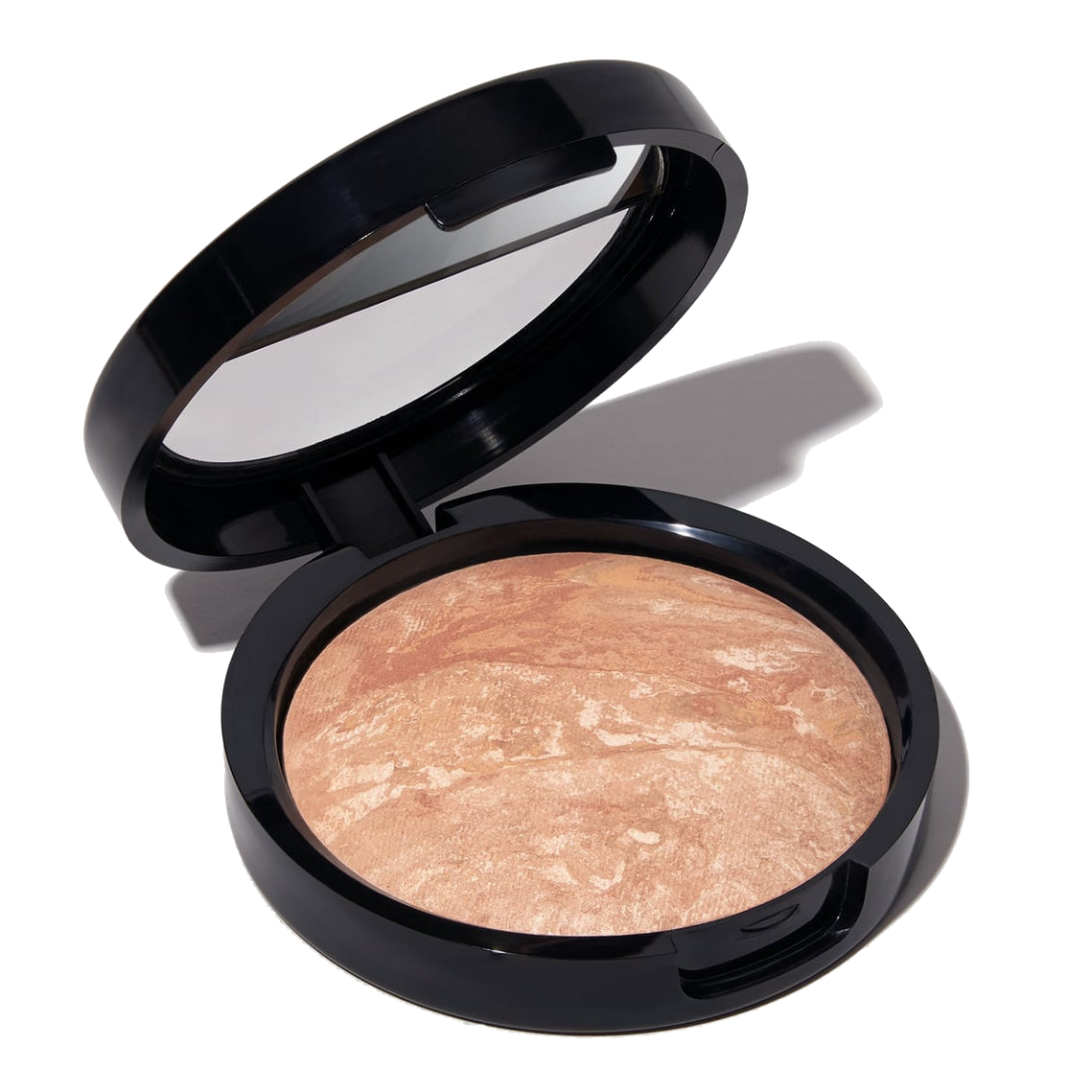 A compact of Laura Geller Correcting Foundation featuring a marbled blend of beige and tan shades in a black case with a mirror.