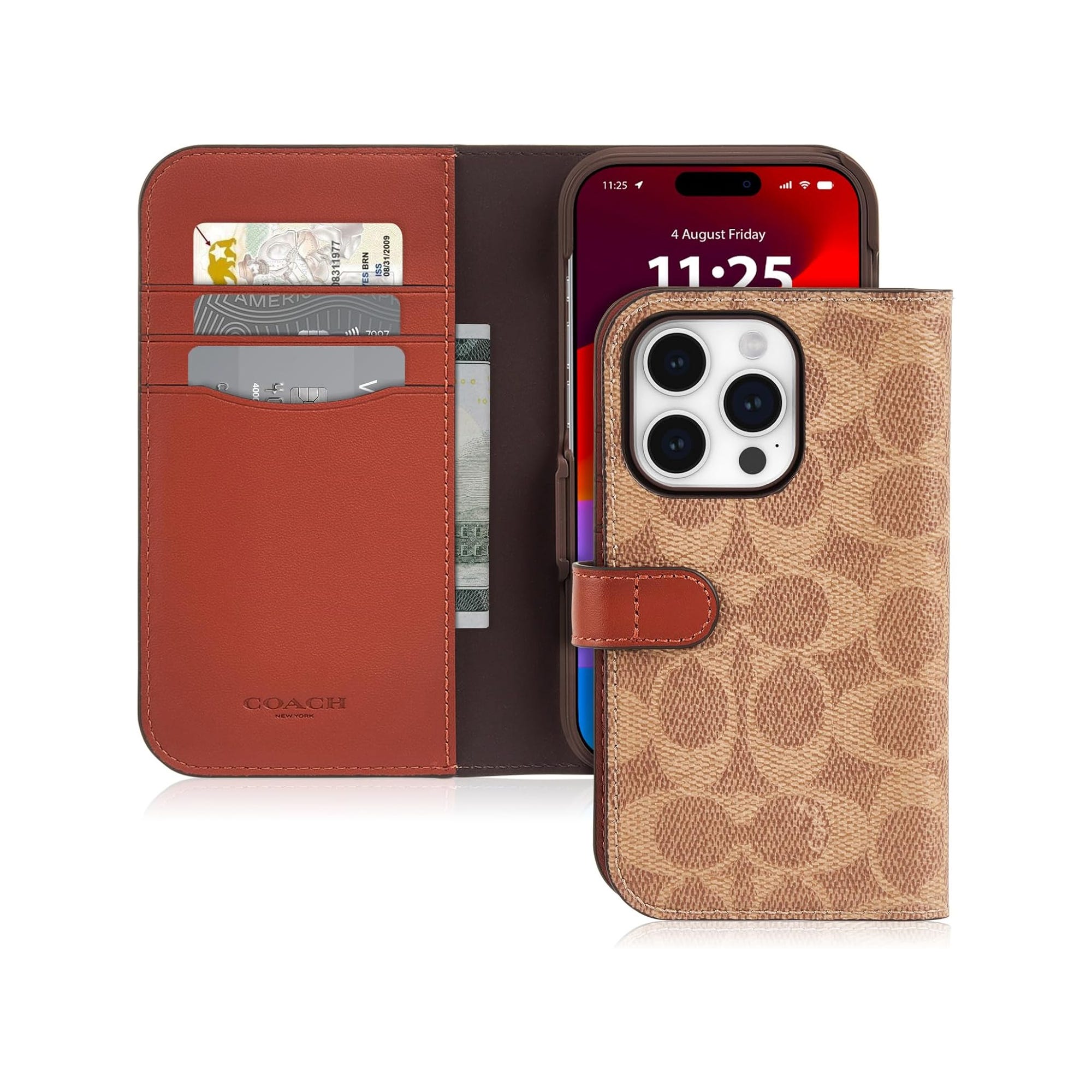 The Coach iPhone 15 Pro Folio Case is a tan leather wallet-style cover with signature pattern, featuring three card slots and a cash pocket on the left, and a phone holder with a cutout for cameras on the right.