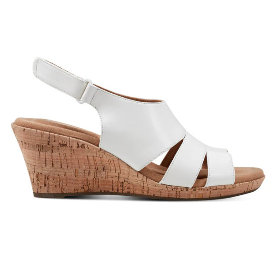 White wedge sandal with cork platform and multiple straps, featuring a slingback design.