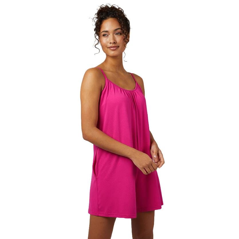 A bright pink, lightweight knit romper featuring thin straps, a relaxed fit, and a gathered neckline.