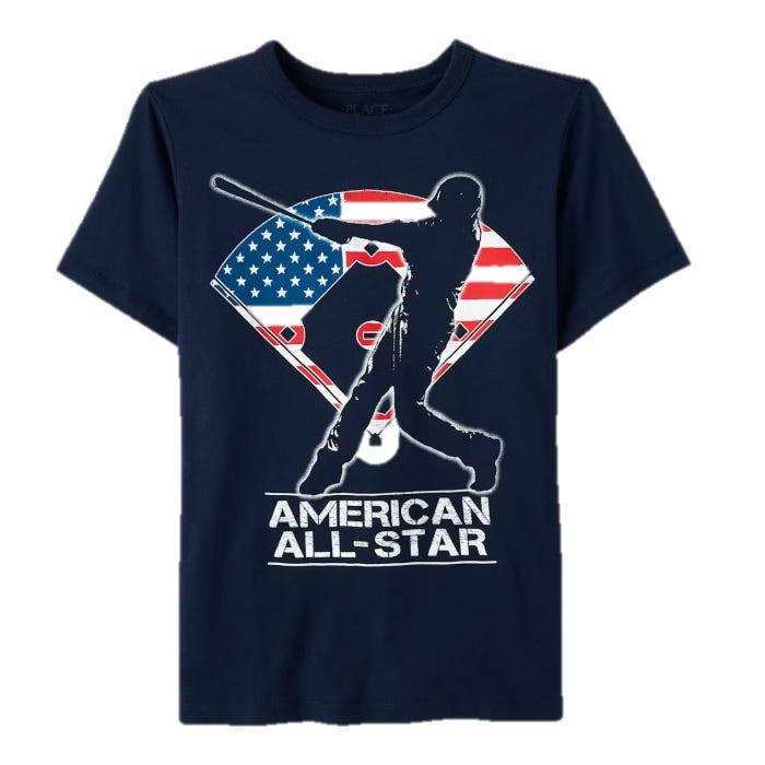 Navy blue T-shirt featuring a silhouette of a baseball player with an American flag background and the text \“American All-Star.\“