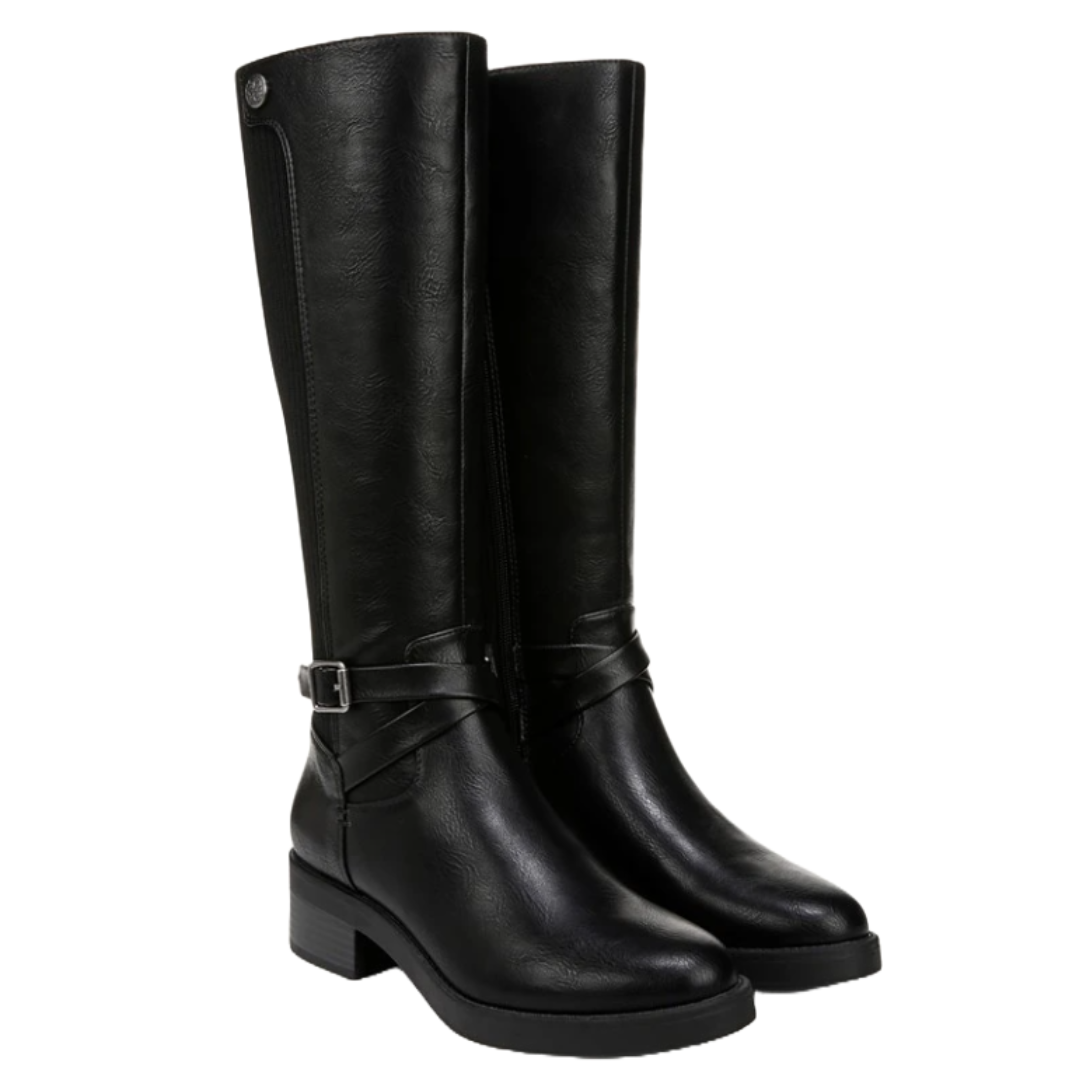 LifeStride Brittany Knee-High Boots are black faux leather boots featuring a sleek design with a buckle accent, round toe, and sturdy low heels, offering a classic and versatile style for various occasions.