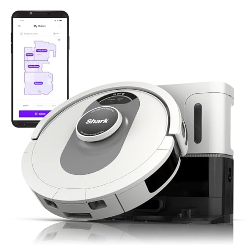 A Shark robot vacuum with a self-emptying base is shown alongside a smartphone displaying a mapped cleaning path.