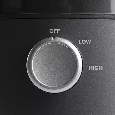 This is a close-up of a control knob on a NutriBullet Juicer with settings labeled OFF, LOW, and HIGH.