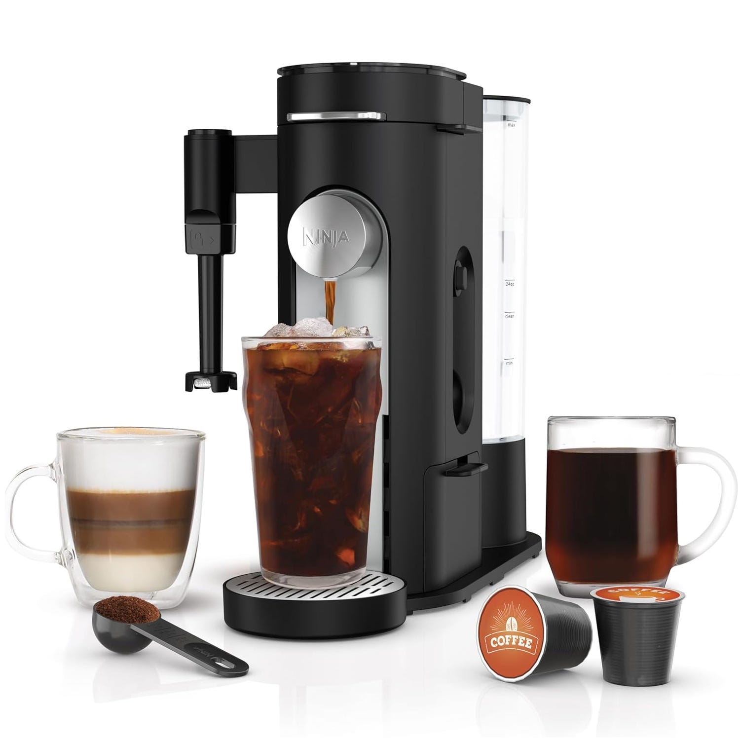 Ninja Coffee Maker can brew hot or iced coffee using grounds or pods. It has a built-in frother and includes a cup of iced coffee, a café-style layered latte, a measuring scoop, and coffee pods.