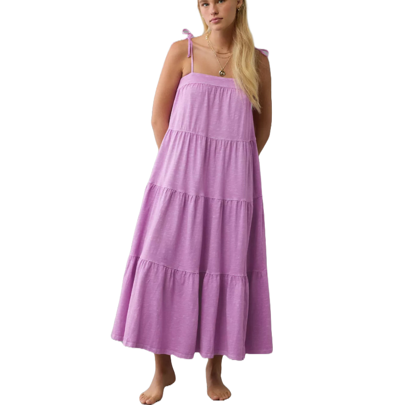 Light purple maxi dress with tiered layers and tie shoulder straps, featuring a flowing, casual style.