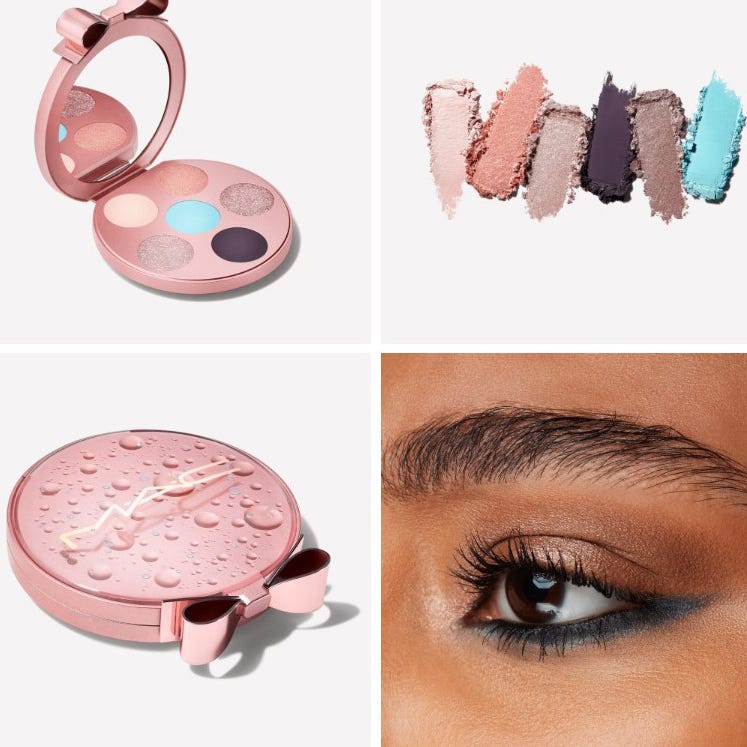 The photo displays cosmetics: an eyeshadow palette, swatches of various eyeshadow shades, a compact powder case, and an eyelid with makeup applied.