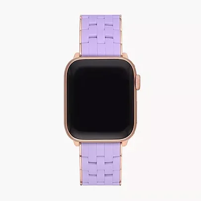 A smartwatch with a rose gold case and lavender band.
