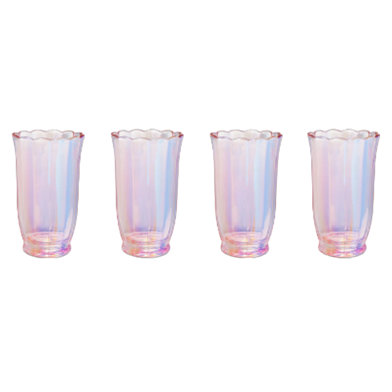 Set of four translucent glasses with an iridescent pink hue and scalloped edges.