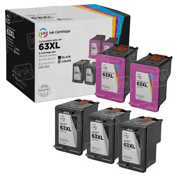 LD Ink Cartridge 5 Cartridge Set, compatible with HP 63XL, includes 3 black (F6U64AN) and 2 color (F6U63AN) high-yield cartridges.