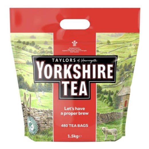 Yorkshire Tea by Taylors of Harrogate, 480 tea bags weighing 1.5kg, in a red package with a countryside design.