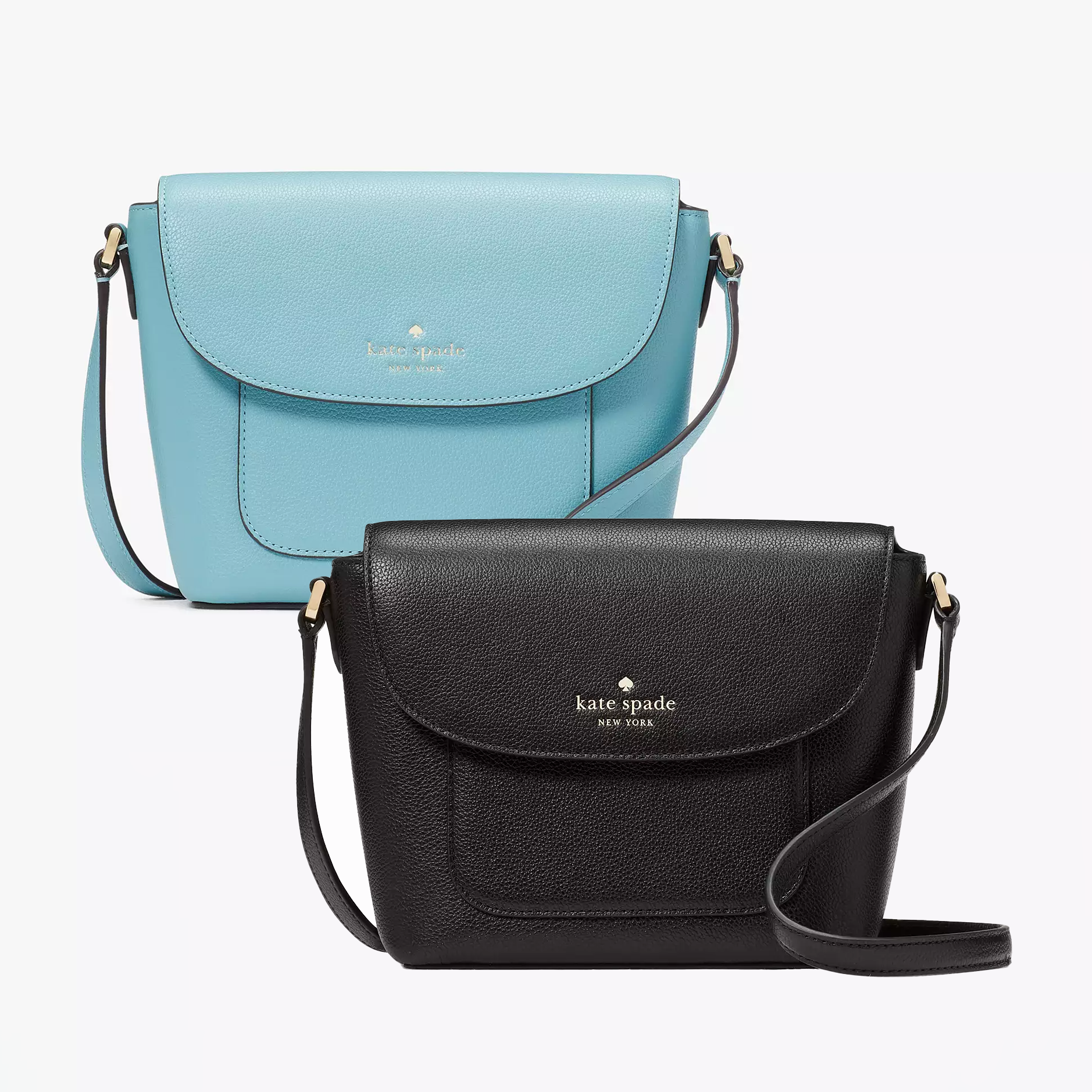 Two crossbody bags, one in black and one in light blue, both with a flap closure and adjustable straps.