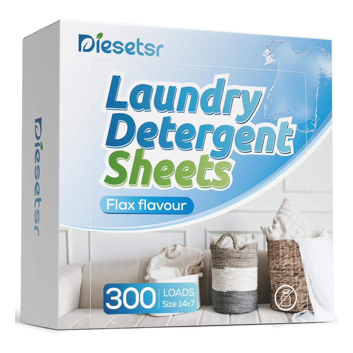 Laundry detergent sheets by Diesetsr, flax flavor, for 300 loads, size 14x7.