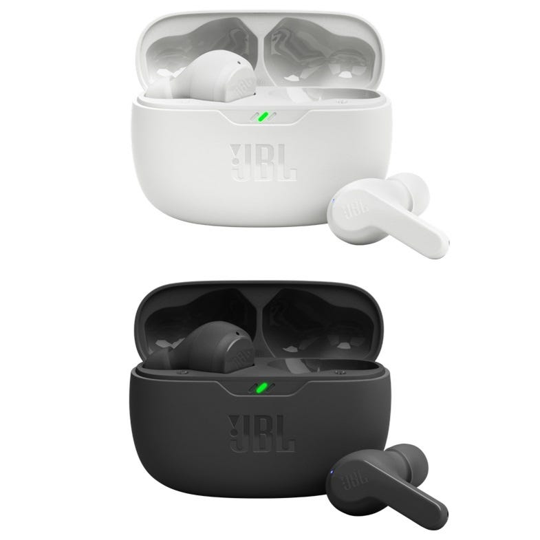 White and black JBL wireless earbuds with charging cases, showing brand logo and LED indicators.
