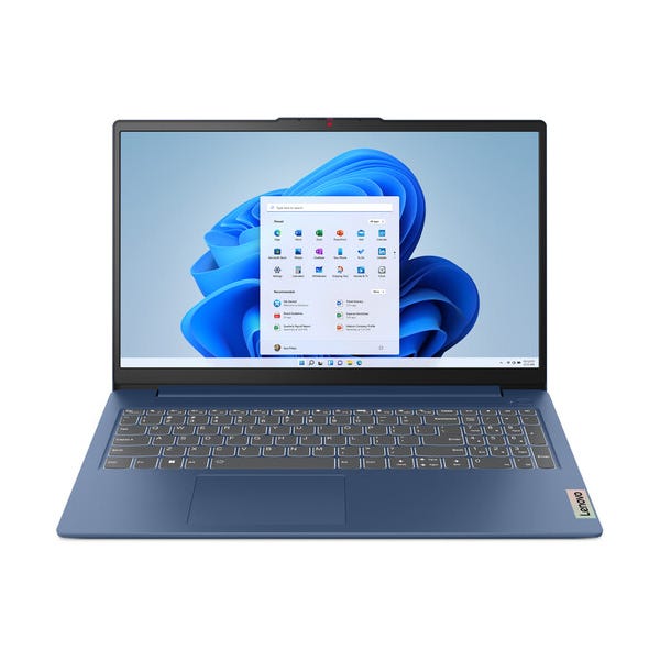 Lenovo laptop with a blue design, displaying the Windows 11 start menu on-screen.