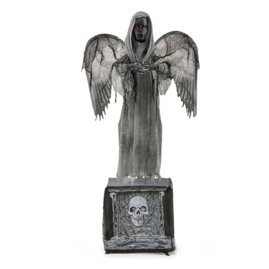 A standing animatronic figure depicts a hooded angel with tattered wings, red eyes, and a skull at the base, designed for Halloween decoration.