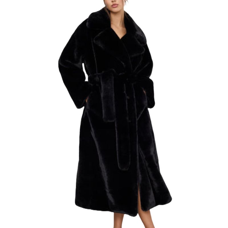 Black faux fur coat with a belted waist and large lapels, featuring a mid-calf length and side pockets.