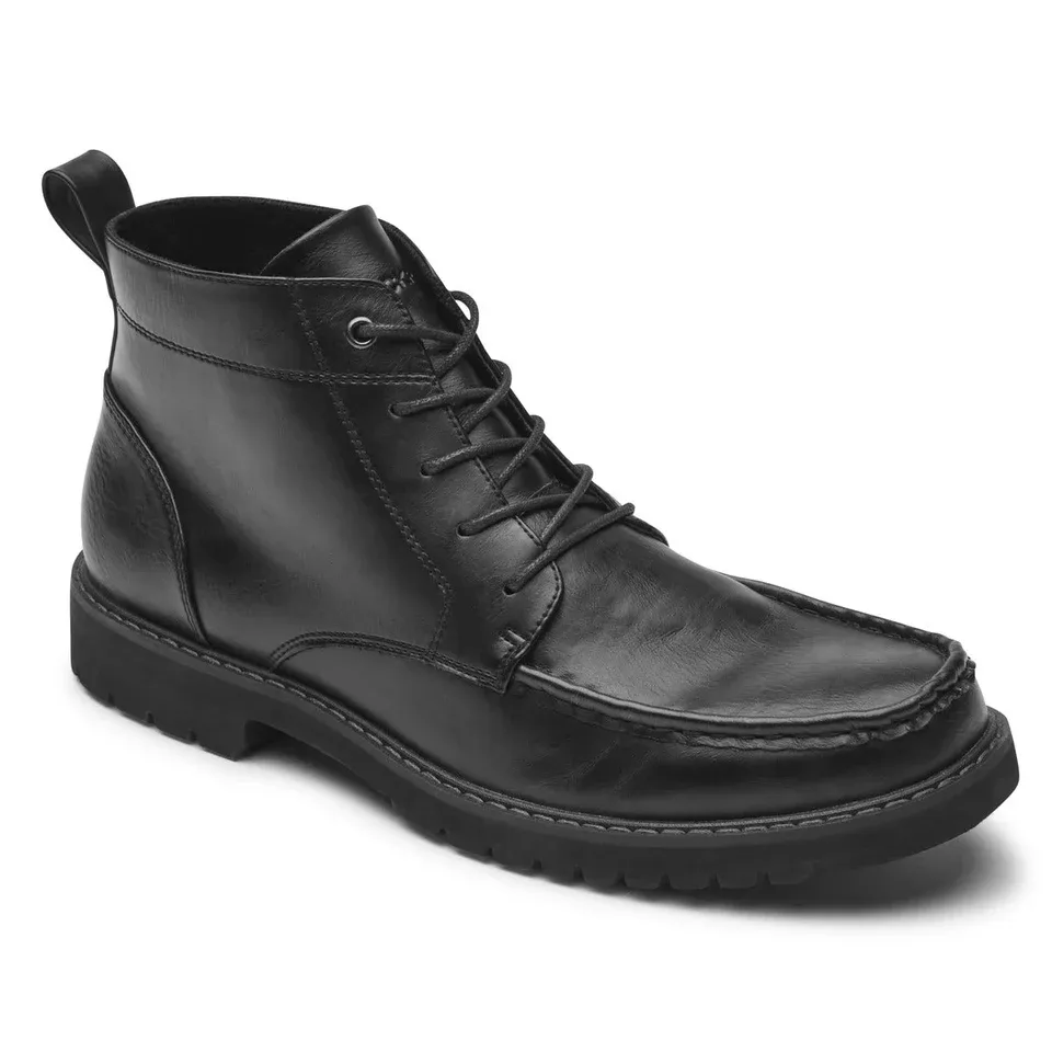 Black leather ankle boot with laces, featuring a moc toe design and a rugged sole.