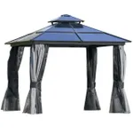 A 10' x 10' gazebo with a peaked roof and side curtains tied back, in a two-tone design with dark top and lighter curtains.