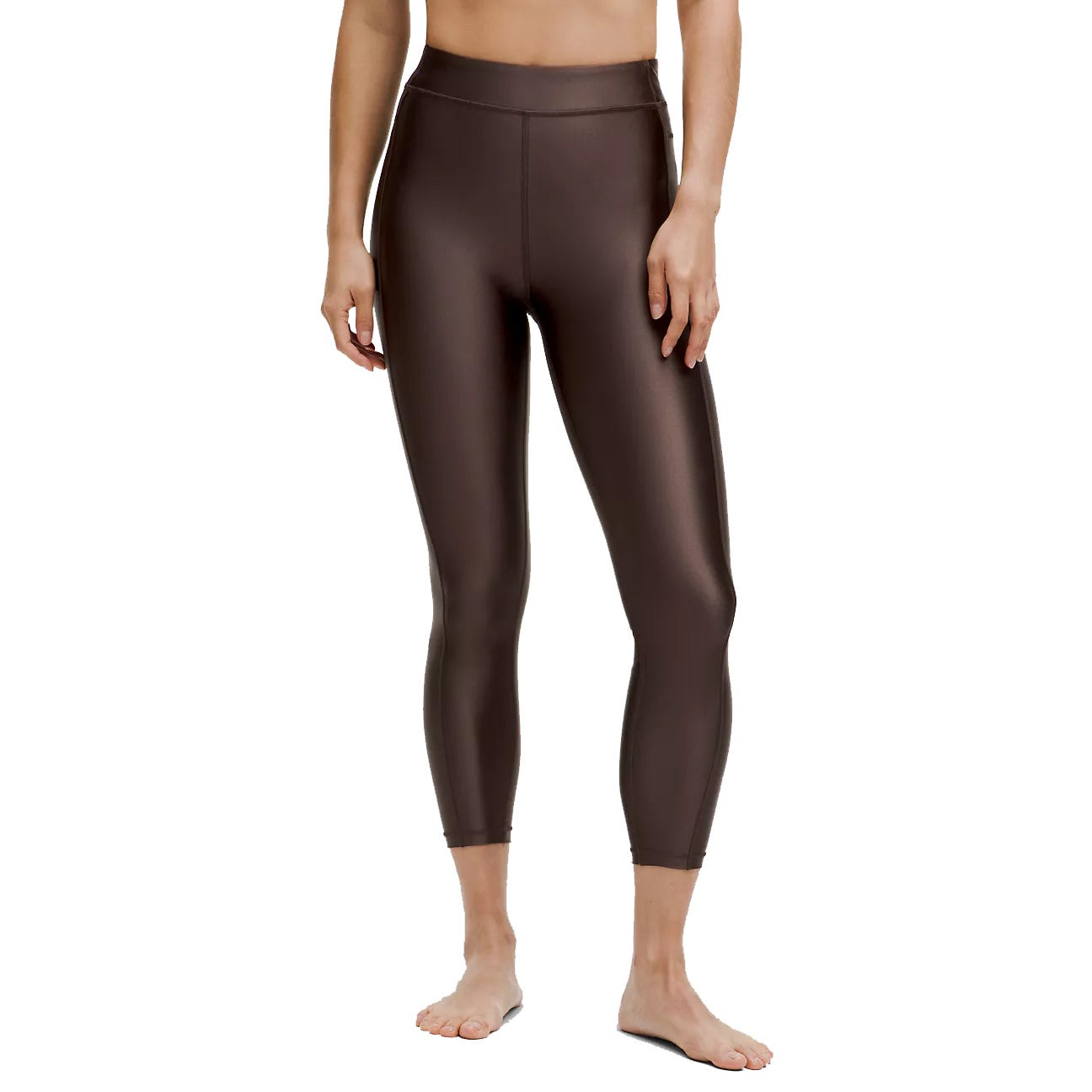 High-waisted, brown, shiny leggings with a three-quarter length design.